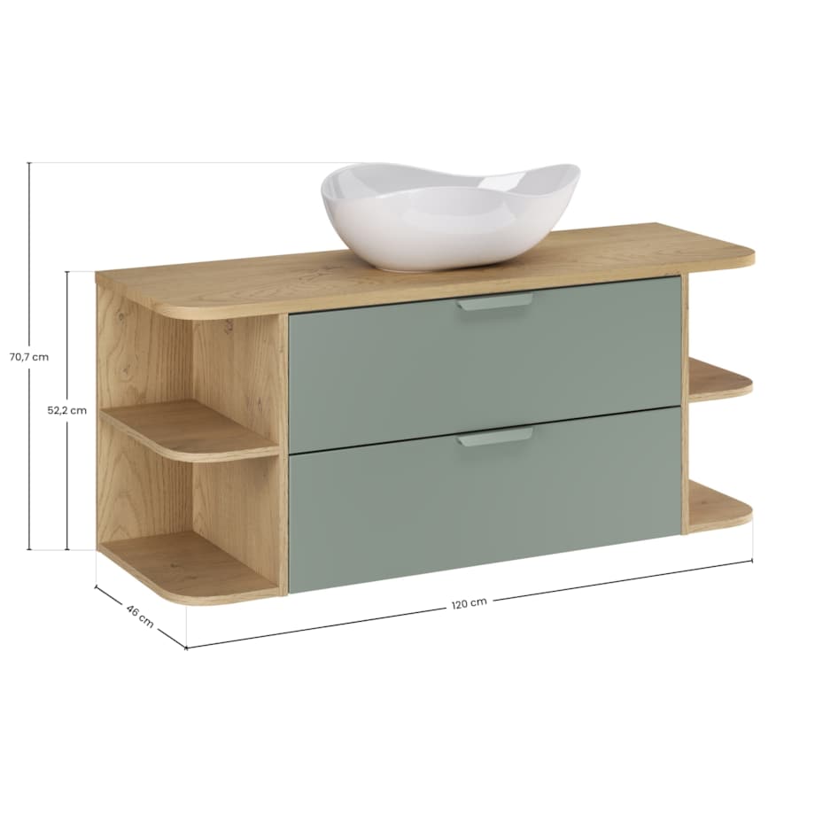 Szafka pod umywalkę ASTER Cloud 120 cm w kolorze zielonym z dwoma otwartymi narożnymi nadstawkami i blatem dębowym