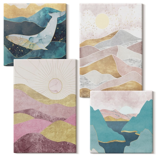 Zestaw 4 obrazów na płótnie - Abstrakcyjne góry słońce - turkusowy