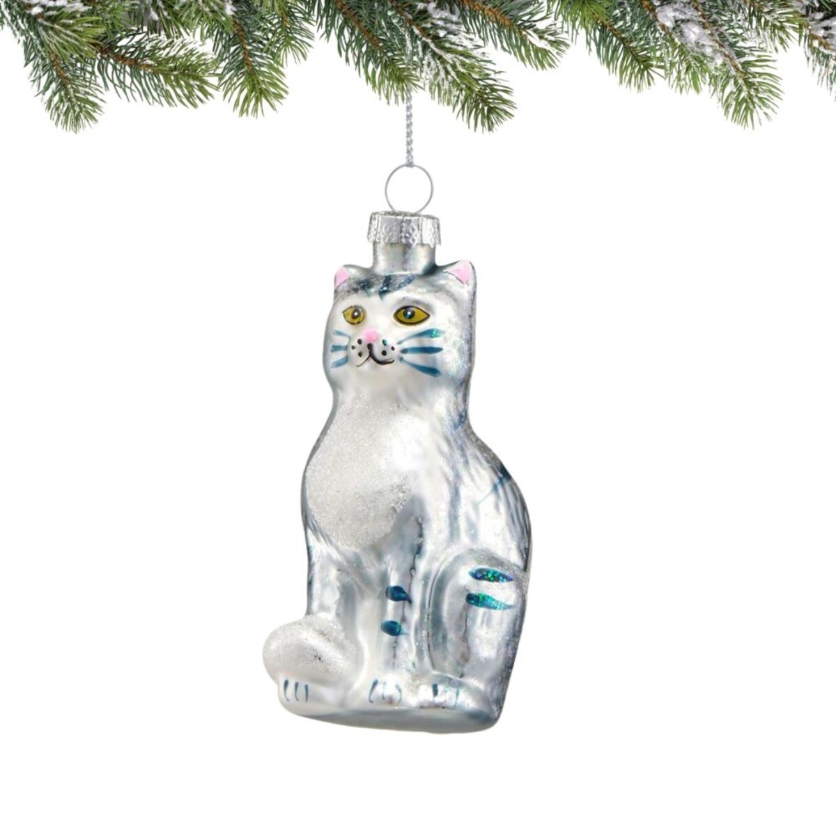 VILLA ITALIA Bombka szklana KOT srebrny 9,5 cm