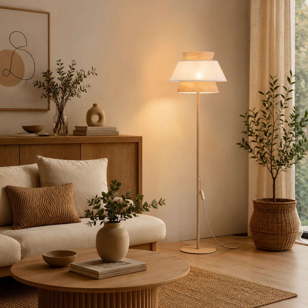 Lampa Stojaca Tk Lighting Kalum Len Fornir 1Xe27 Skandynawski, Boho, Japandi