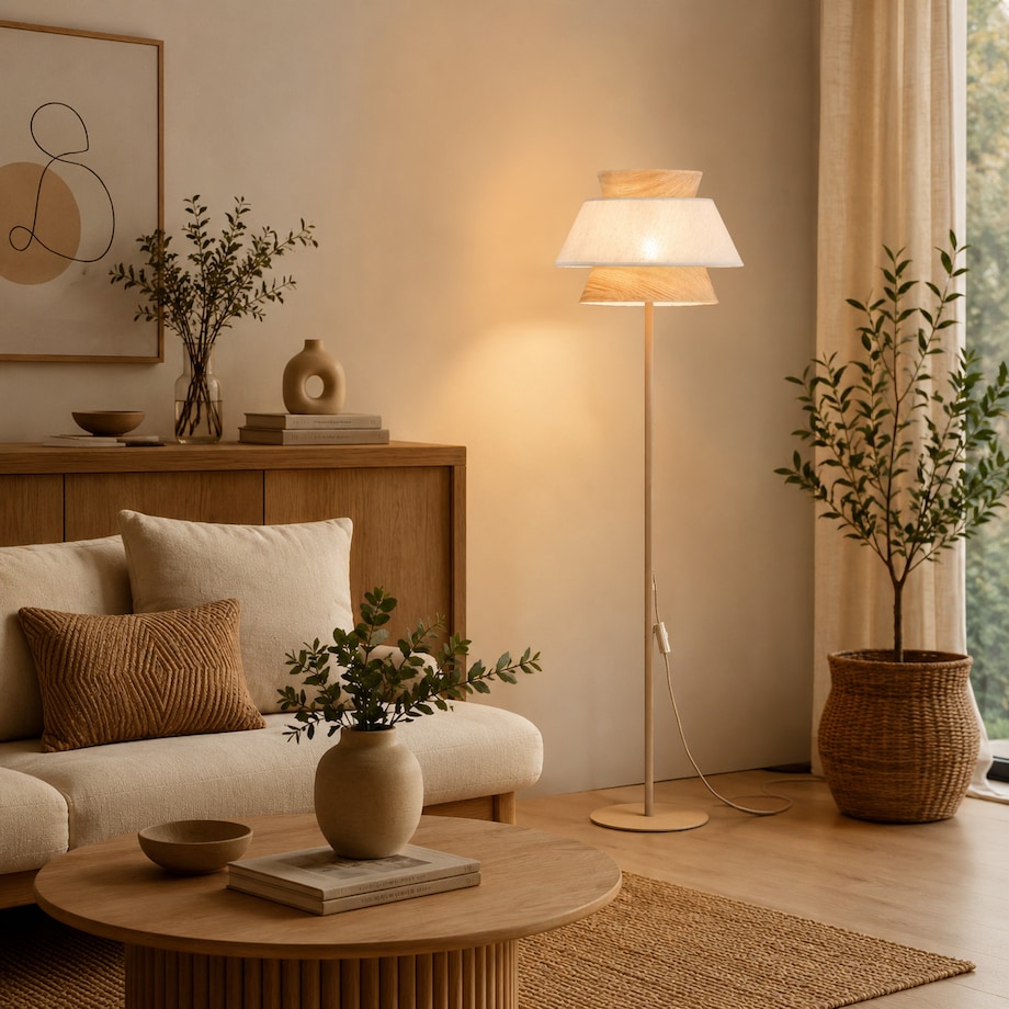 Lampa Stojaca Tk Lighting Kalum Len Fornir 1Xe27 Skandynawski, Boho, Japandi