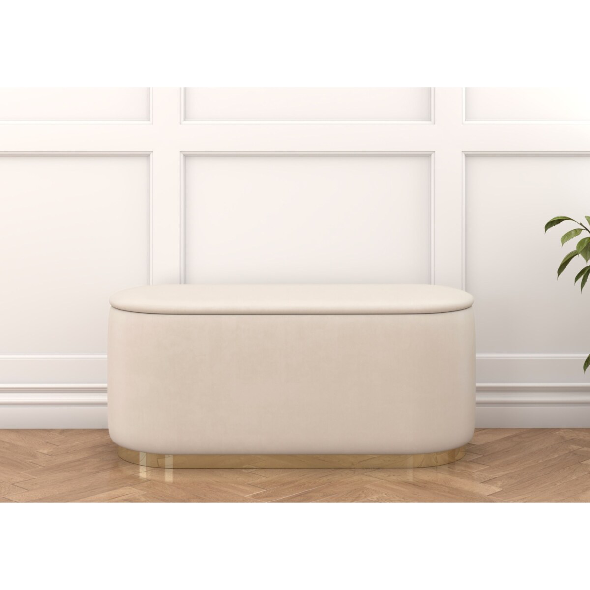 Tapicerowany owalny puf ze schowkiem Dancan SCARLETT na złotej podstawie / szer. 110 cm / beżowy