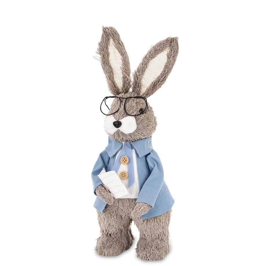 Dekoracja - króliczek w okularach 35x13x13 cm w niebieskiej kurtce