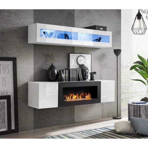 Meblościanka FLY N2 biały połysk/biały mat z biokominkiem