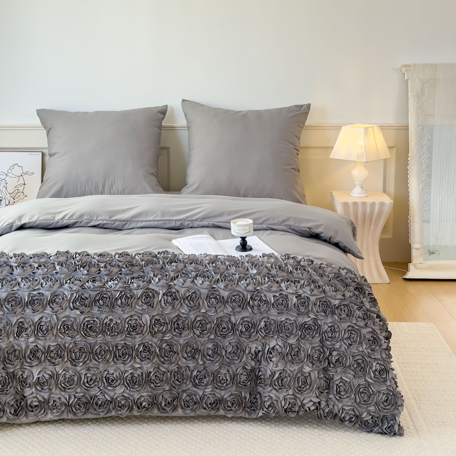 komplet pościeli "bella rosa" z aplikacją 3d róże mikrofibra 160x200 | szary