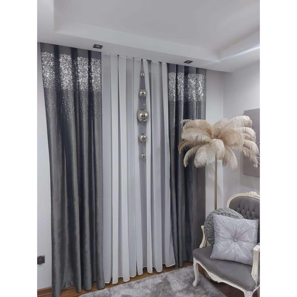 zasłona welurowa "dubaj" z cekinami 140x270 taśma | szary