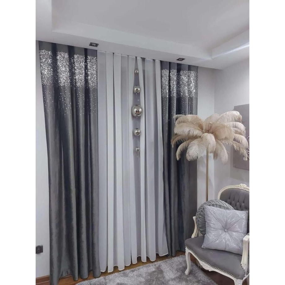 zasłona welurowa "dubaj" z cekinami 140x270 taśma | szary