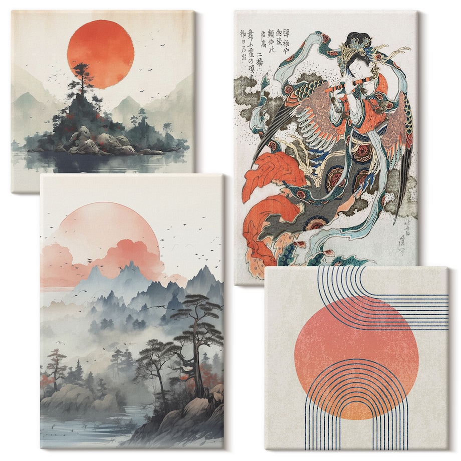 Zestaw 4 obrazów na płótnie - Azjatyckie pejzaże japandi - beżowy