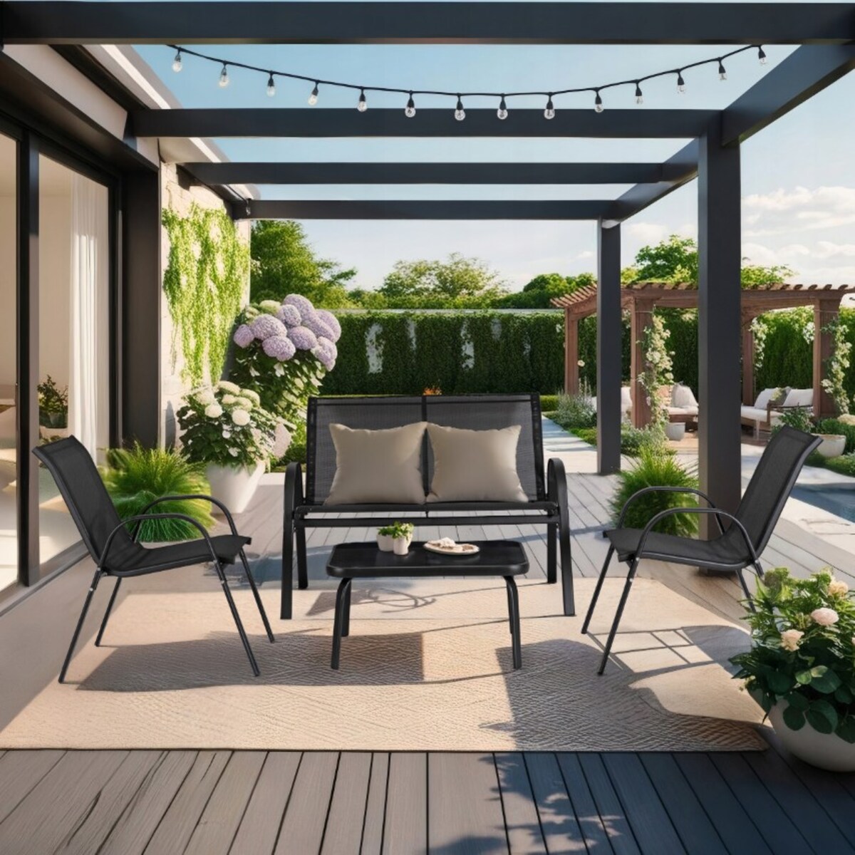 Zestaw Mebli Ogrodowych Ławka + Krzesło + Stolik Na Taras Czarne MINNESOTA