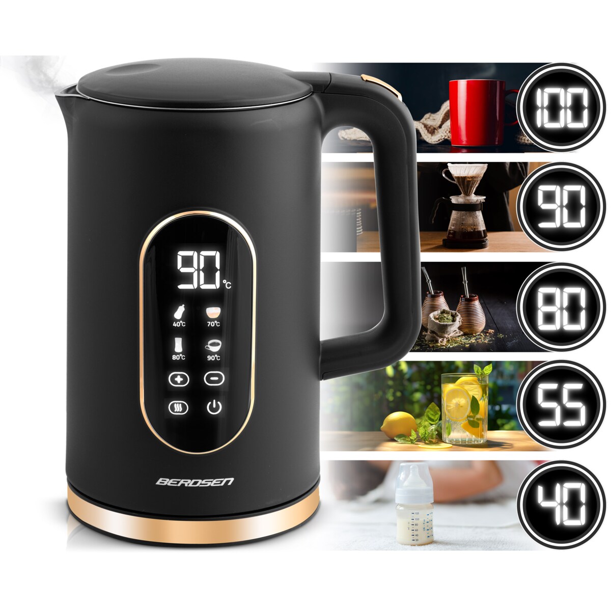 Czajnik elektryczny Berdsen 1,7l panel dotykowy regulacja temperatury 2200W czarno-złoty