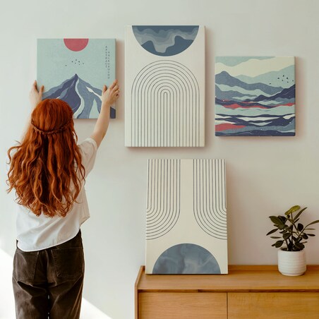 Zestaw 4 obrazów na płótnie - Abstrakcyjne górskie pejzaże boho - niebieski