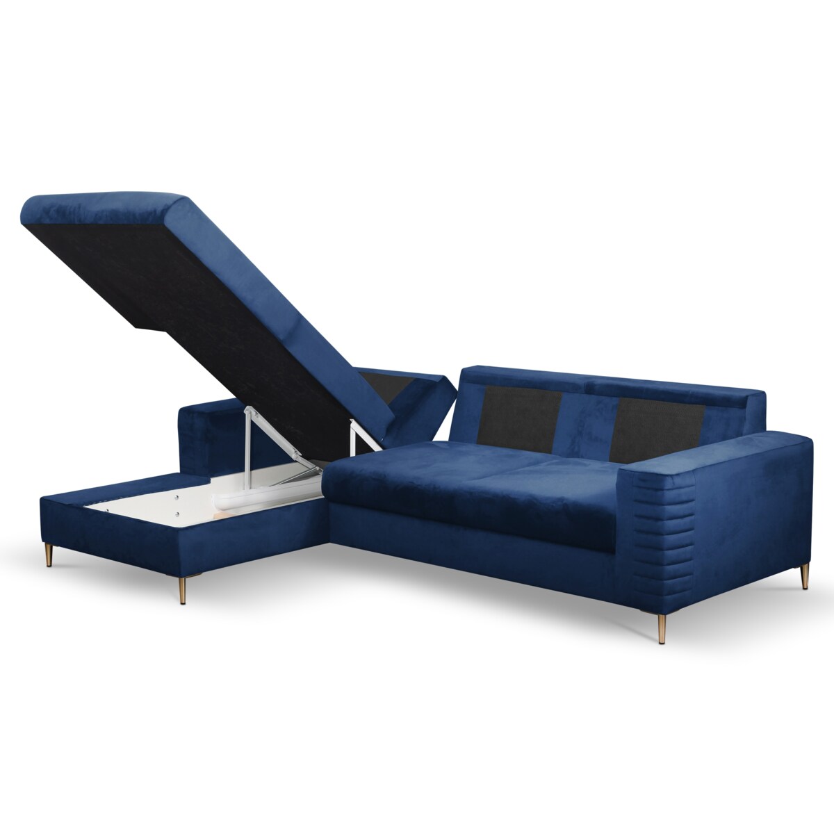 Narożnik rozkładany z zagłówkiem i pojemnikiem OLI, lewostronny, granatowy