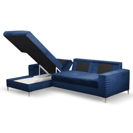 Narożnik rozkładany z zagłówkiem i pojemnikiem OLI, lewostronny, granatowy