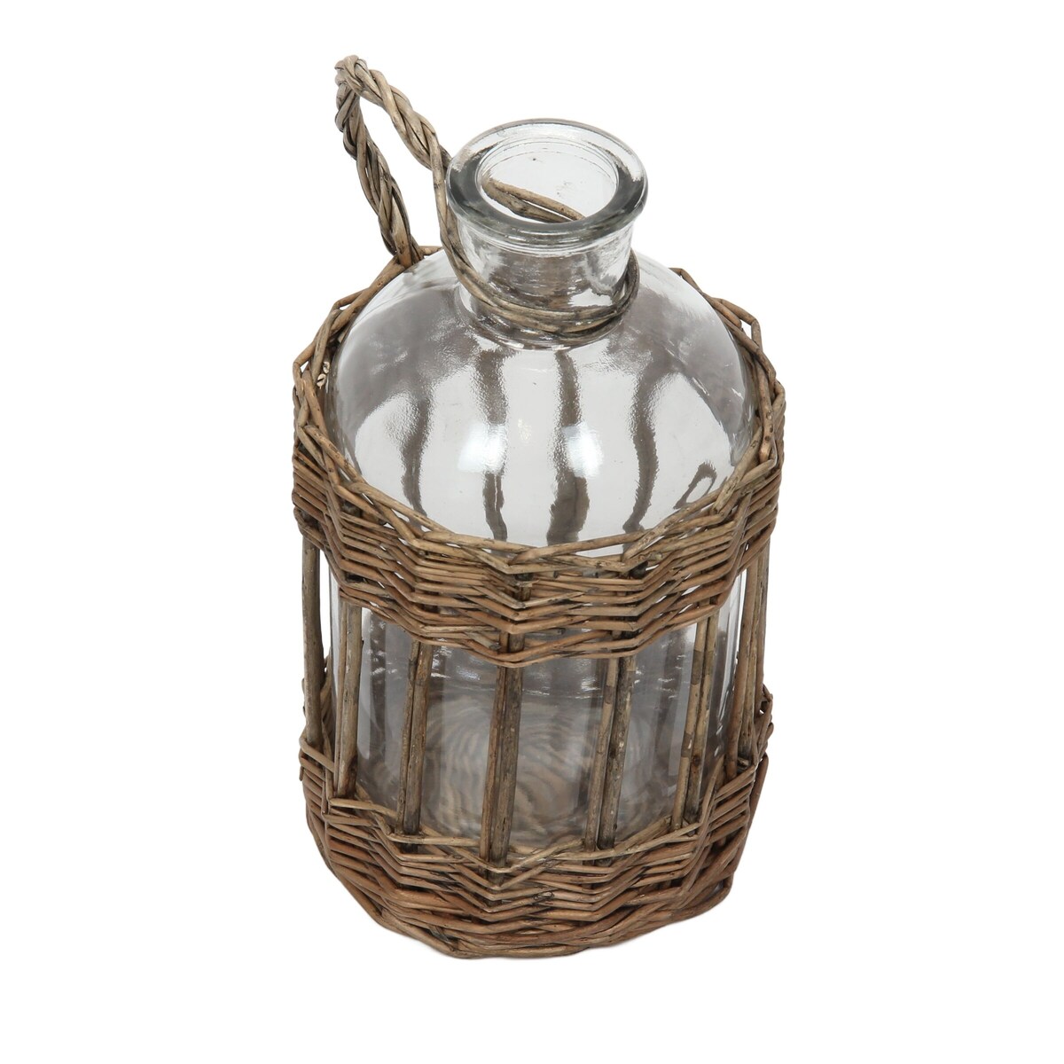 Szklana butelka z wiklinowym uchwytem, 20 cm