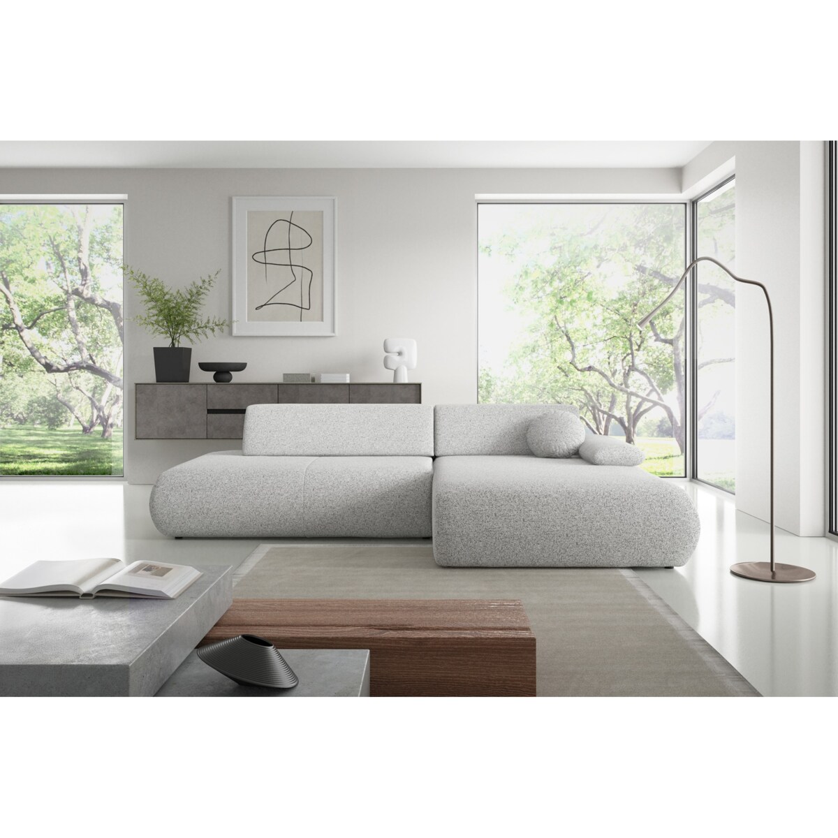 Narożnik rozkładany PENTI z pojemnikiem na pościel, prawy, jasno-szary