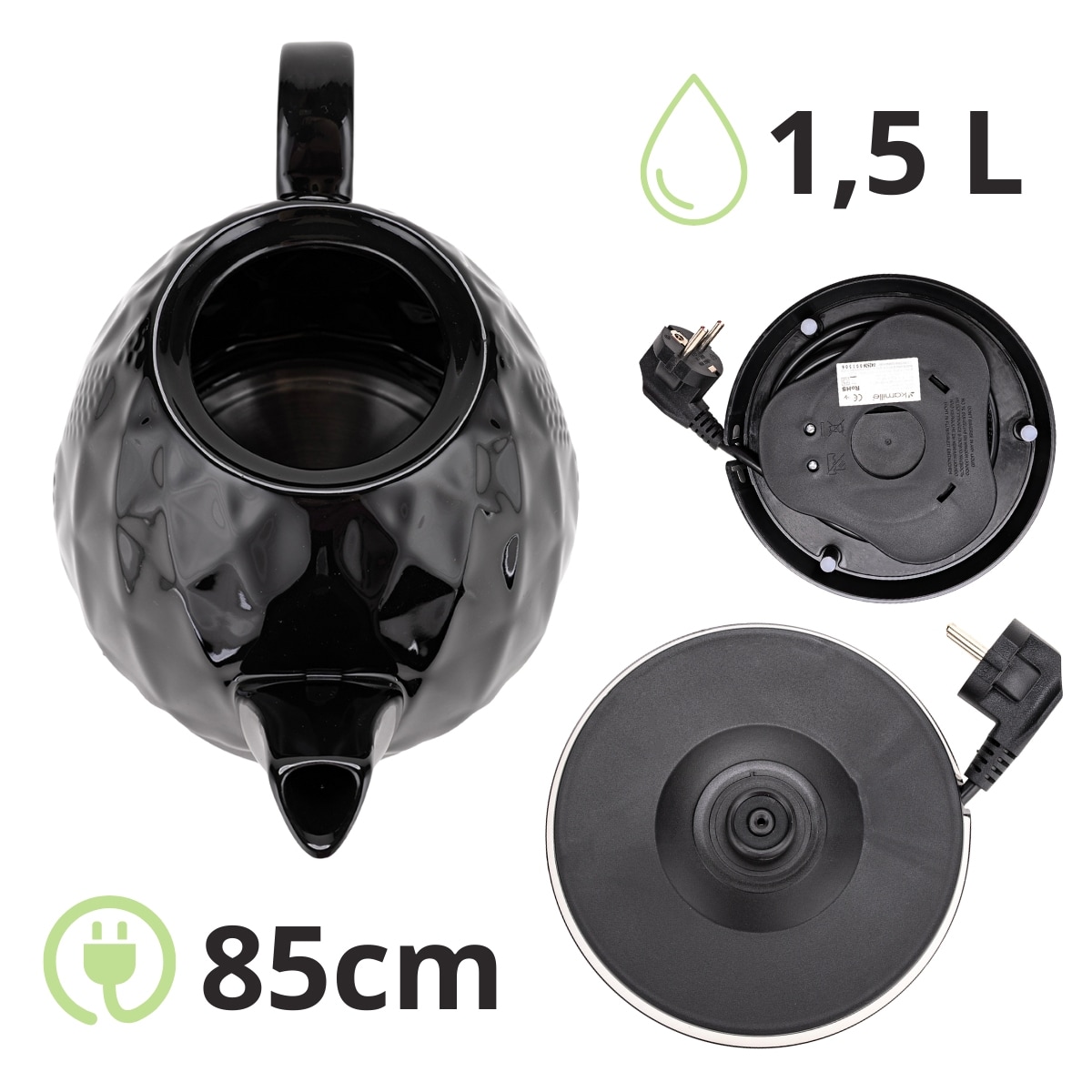 Czajnik elektryczny bezprzewodowy ceramiczny imbryk 1200W 1.5L czarny KAMILLE