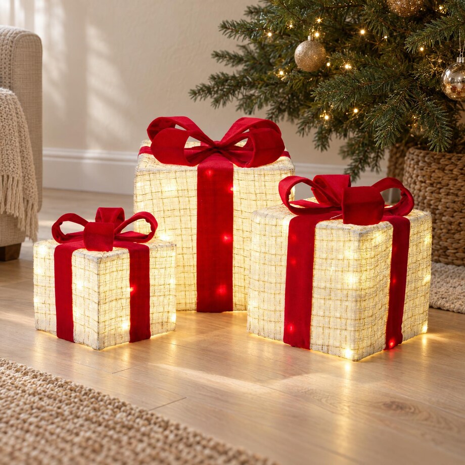 Zestaw 3 świecących pudełek prezentowych z tkaniny, 15, 20 i 25 cm, LED, na baterie, kolor biały