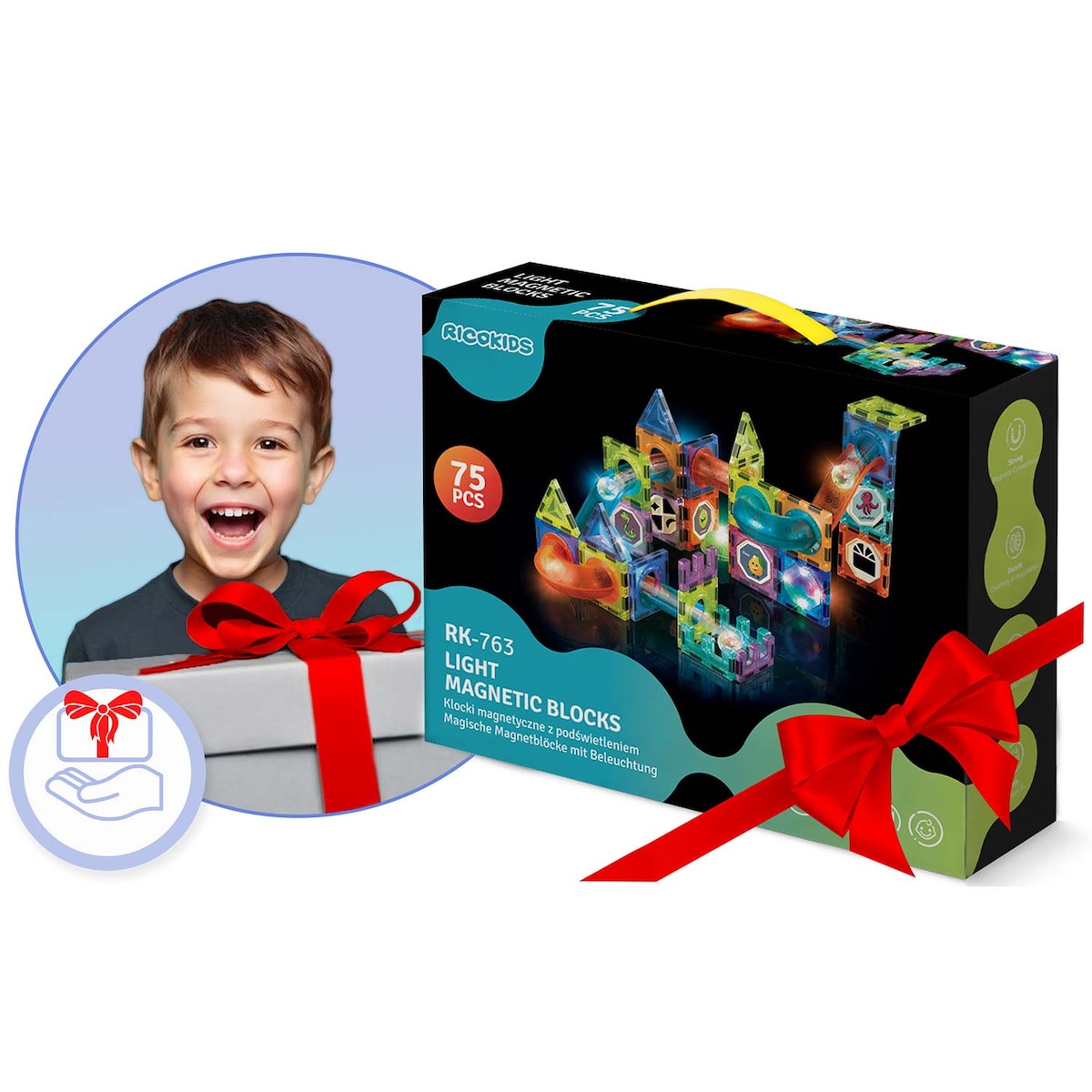 Klocki magnetyczne edukacyjne konstrukcyjne 3d Ricokids zestaw z naklejkami