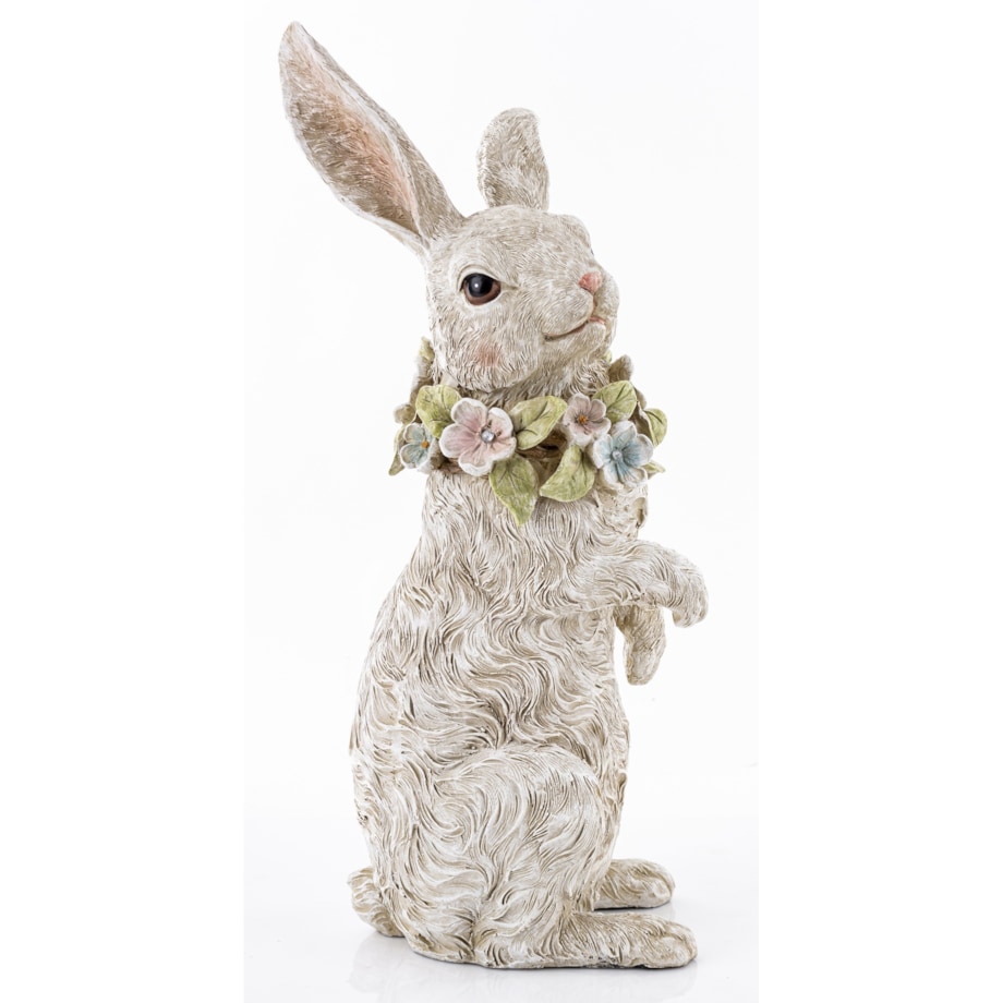 Dekoracja - królik 29x13x15 cm PELUCHE z wieńcem kwiatów na szyi