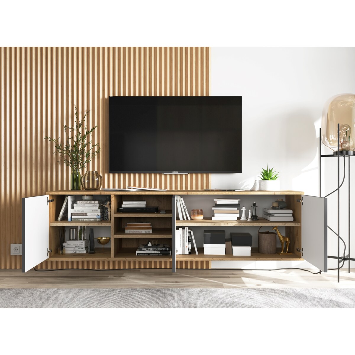 Szafka RTV Wisząca Komoda Industrialna Dąb Wotan Grafit MAT 150 cm