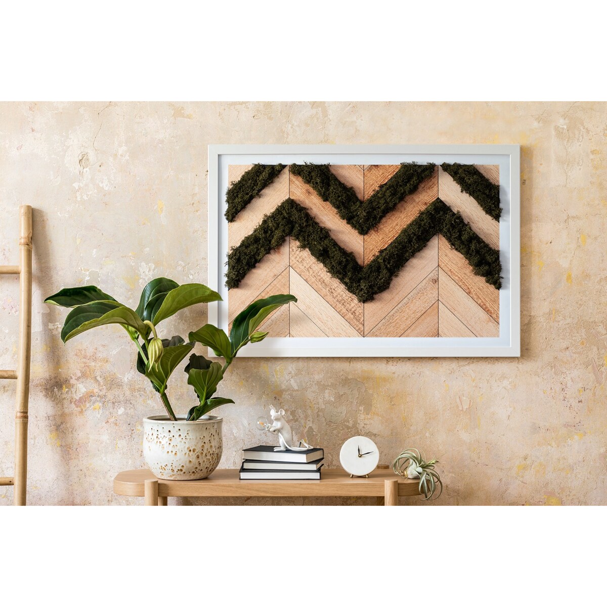 Obraz Deski w jodełkę - mech chrobotek w białej ramie 60x40cm