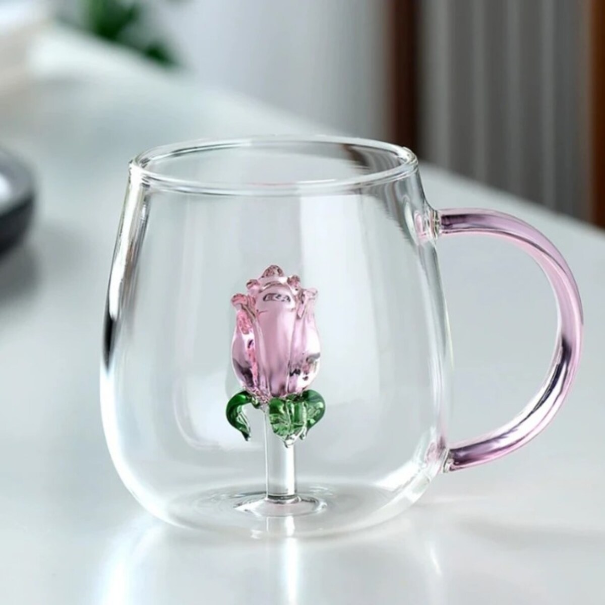 Szklanka ze szklanym tulipanem w środku, różowa rączka 400ml - SZK129