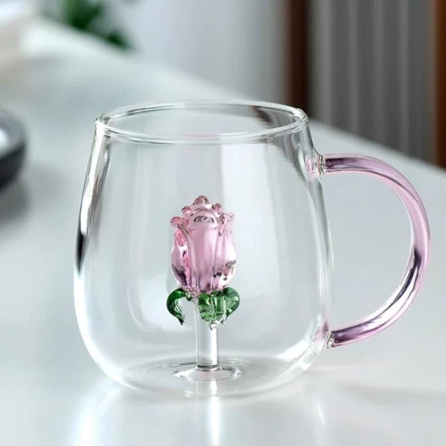 Szklanka ze szklanym tulipanem w środku, różowa rączka 400ml - SZK129