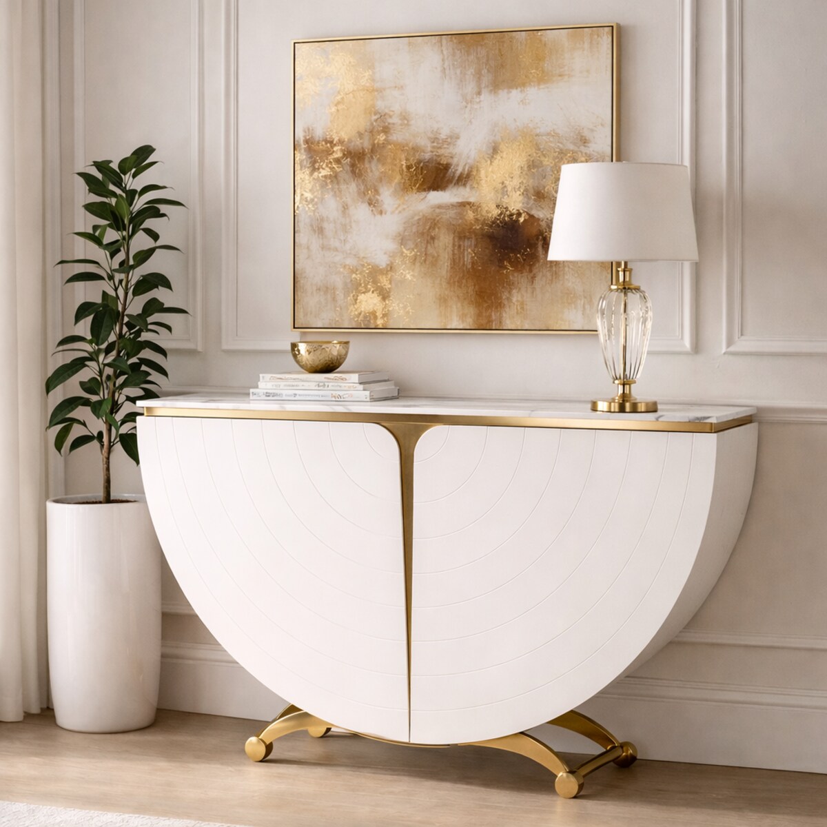 Biała konsola glamour półokrągła Vellora 140x35x86