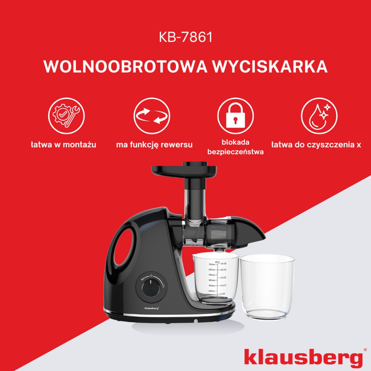 Sokowirówka wolnoobrotowa 150W do owoców i warzyw COLD PRESS KLAUSBERG KB-7861