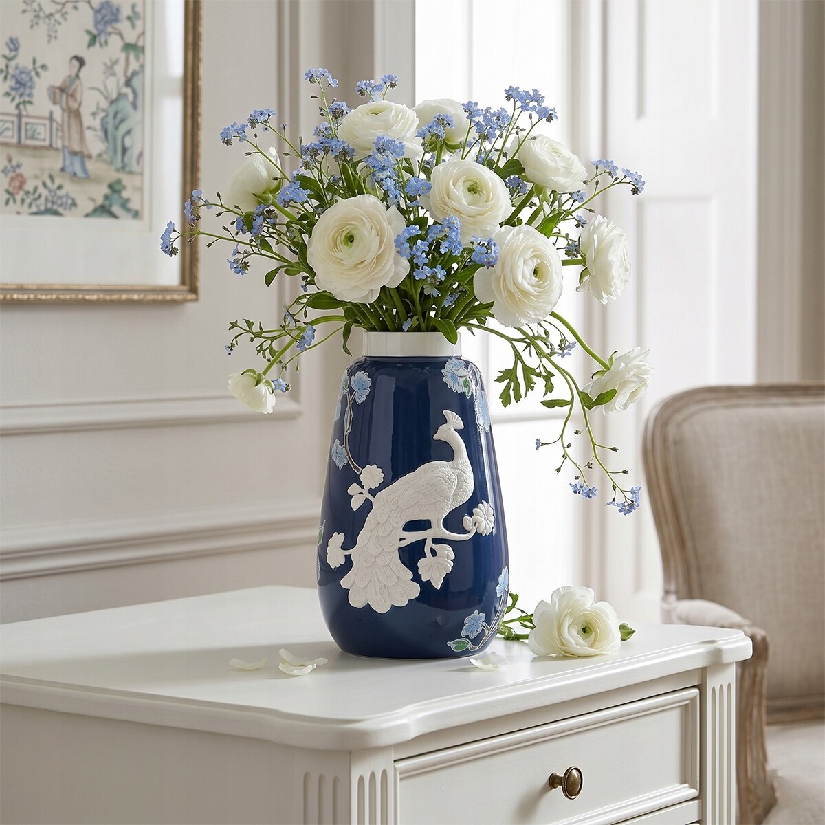 WAZON CERAMICZNY 26cm GRANATOWY BIAŁY WYSOKI NA KWIATY BUKIET DO SALONU