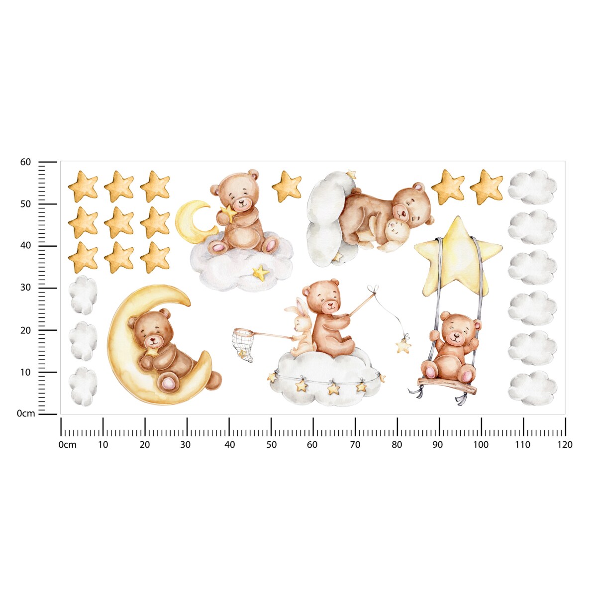 Naklejki Ścienne Dla Dzieci Misie Gwiazdy Księżyce Chmury Króliczki ZESTAW 120x60cm
