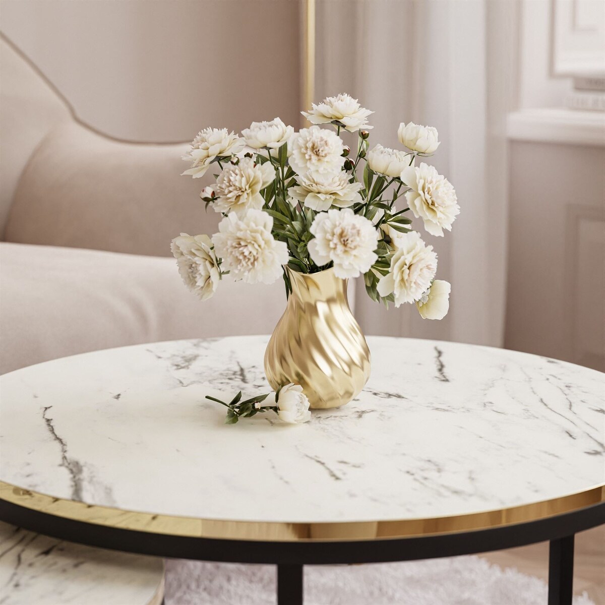 Okrągły stolik kawowy SOLEIL 2w1 czarny marmur carrara