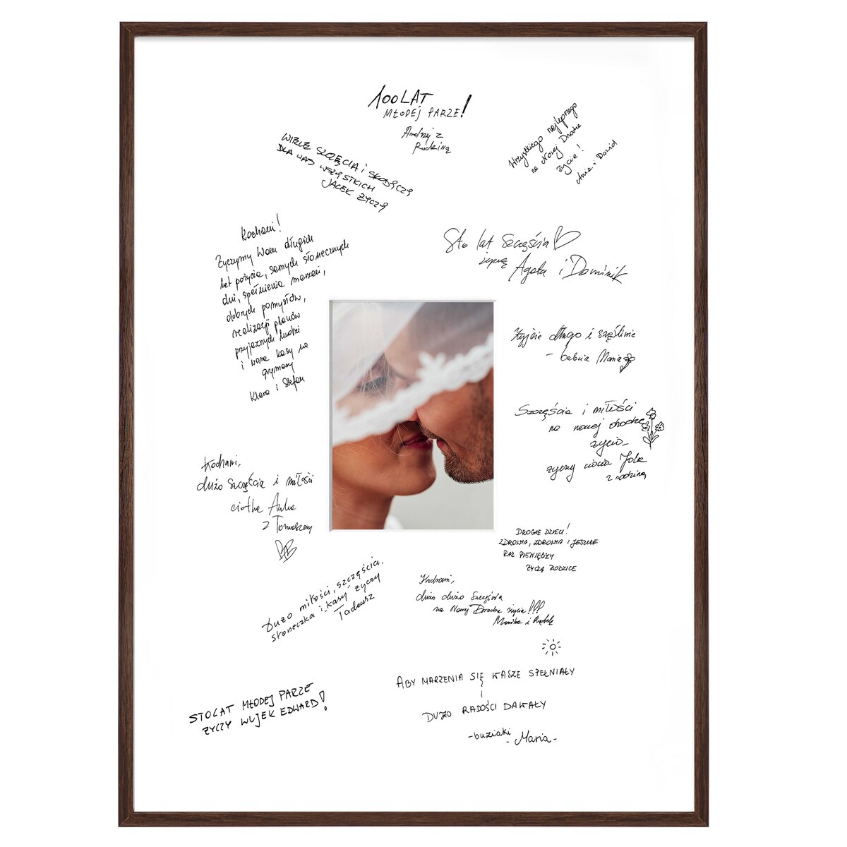 Ramka na WESELE PAMIĄTKOWA o rozmiarze 50x70 cm - brązowa rama. Ramka z passe partout prezent weselny zdjęcie 15x21 cm