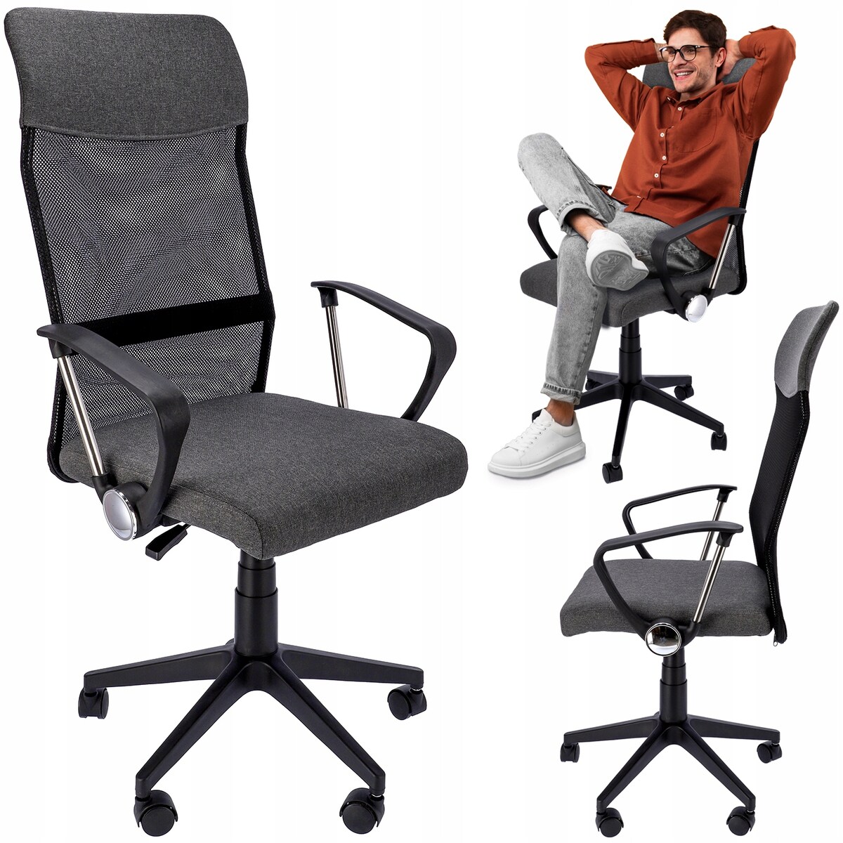 Fotel Krzesło Do Biurka Biura Zoom Tkanina Ciemna Szara