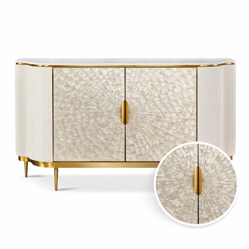 Komoda ryflowana jasno-złota Champion Glamour Premium z muszelkami 150x40x88