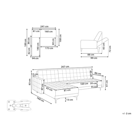 Sofa prawostronna rozkładana welurowa morska ABERDEEN