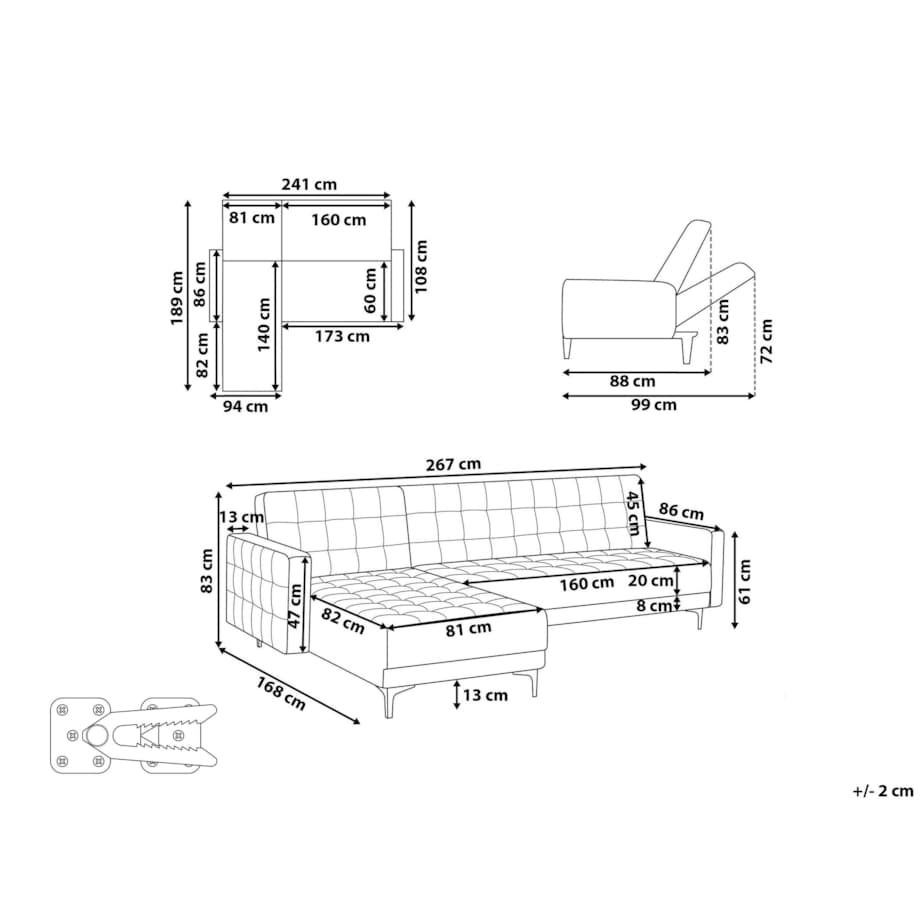 Sofa prawostronna rozkładana welurowa morska ABERDEEN