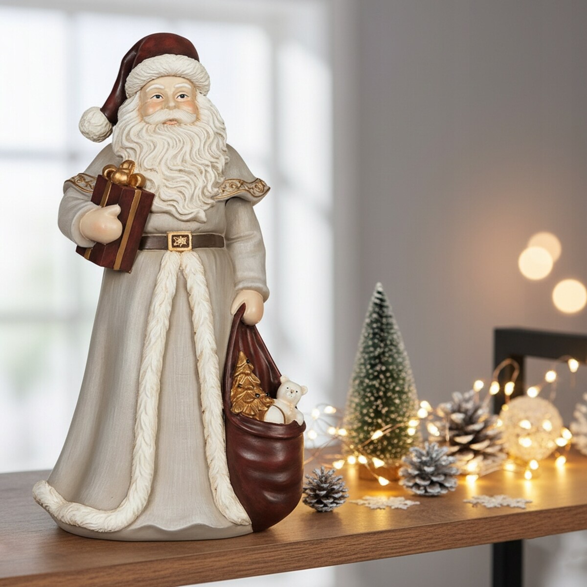 MIKOŁAJ FIGURKA 30cm ŚWIĄTECZNA SZARA NA ŚWIĘTA PREZENT BOŻE NARODZENIE