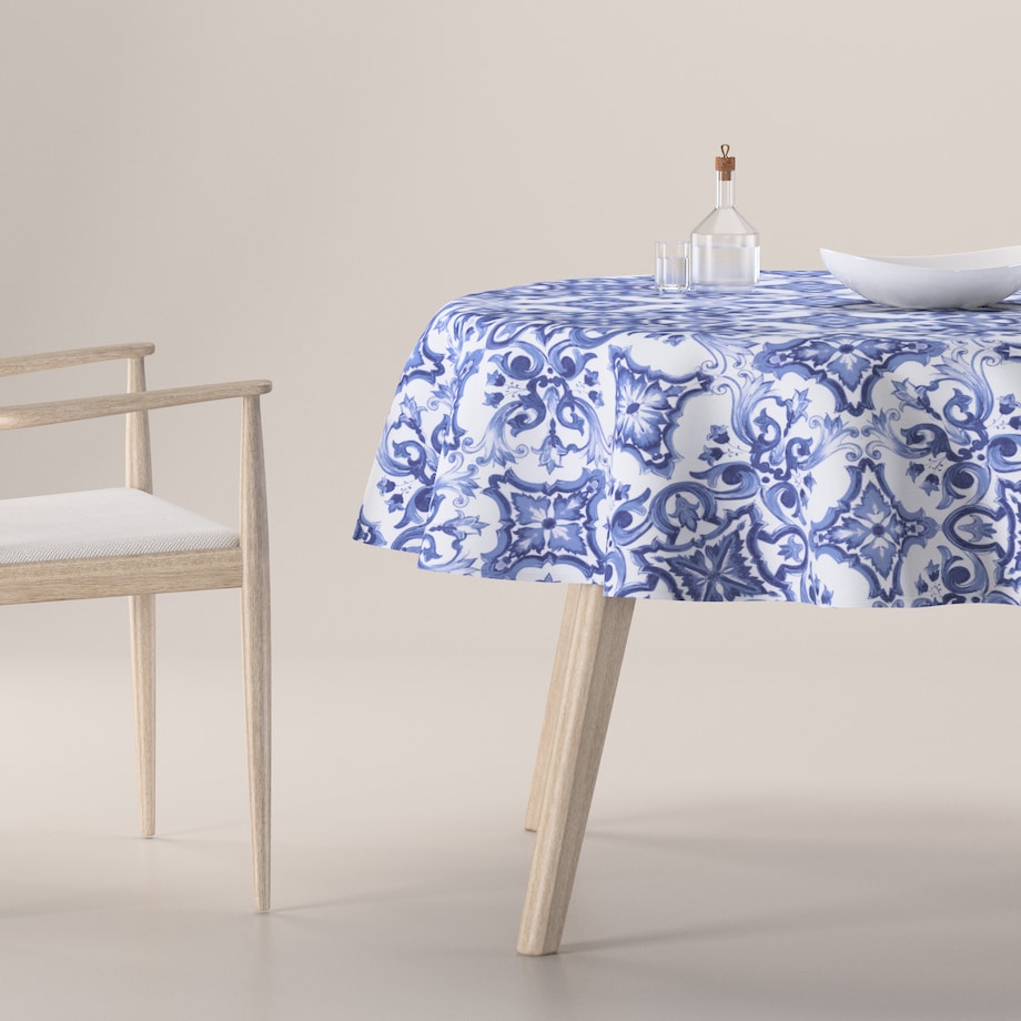 Obrus okrągły 130 x 130 cm niebieskie wzory na białym tle