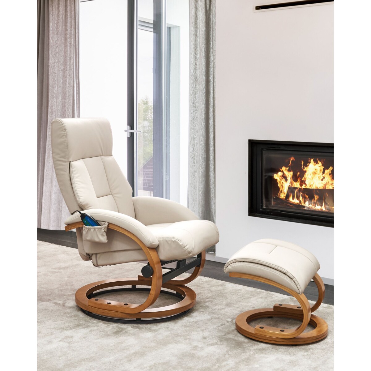 Fotel z masażem FORCE Z podnóżkiem Ekoskóra Jasnobeżowy