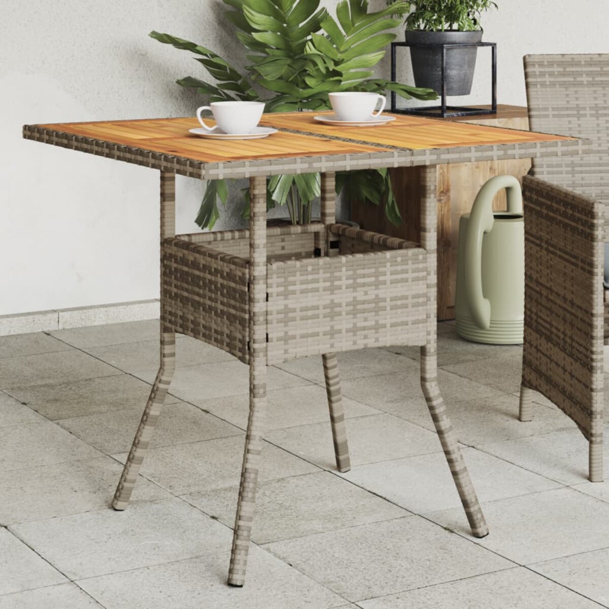 vidaXL Stół ogrodowy z akacjowym blatem, szary, 80x80x75 cm, rattan PE
