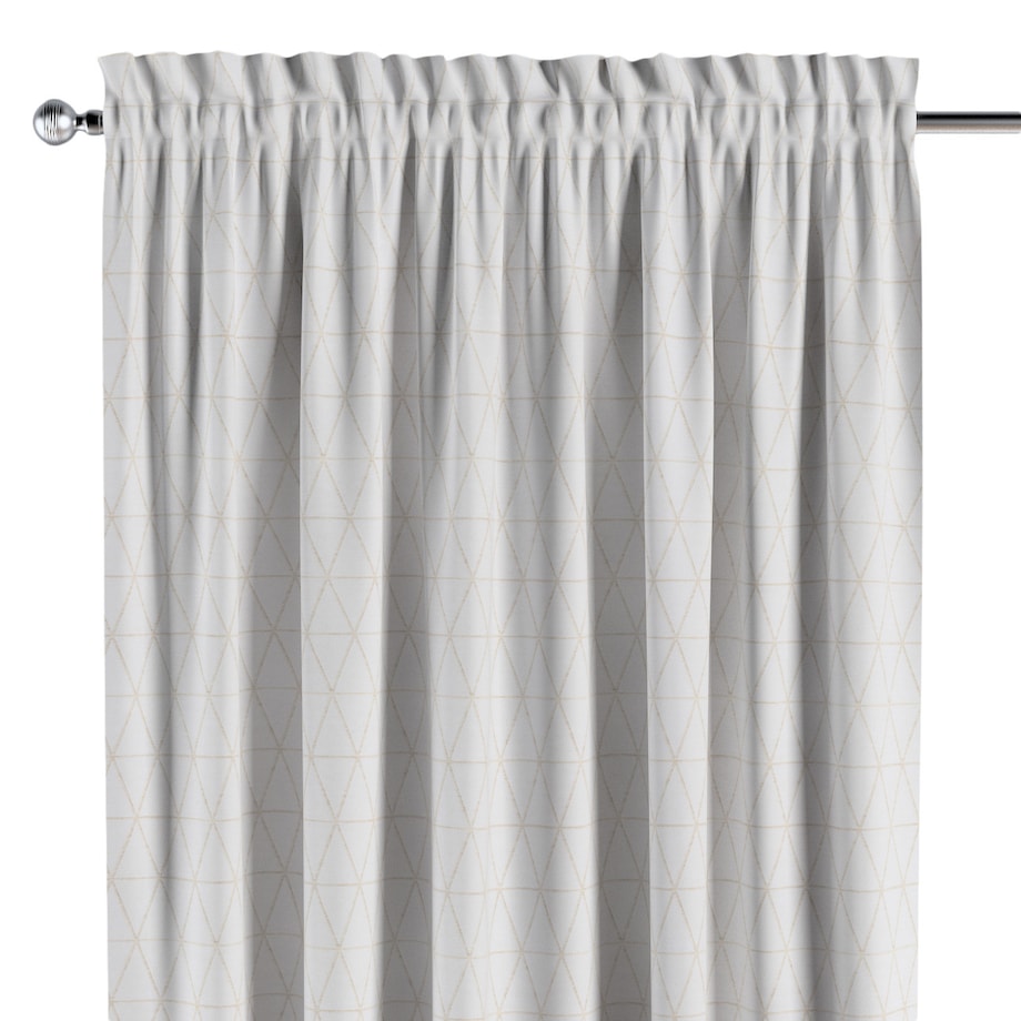 Zasłona na kanale z grzywką 1 szt. 130x245 beżowe trójkąty na kremowo-białym tle