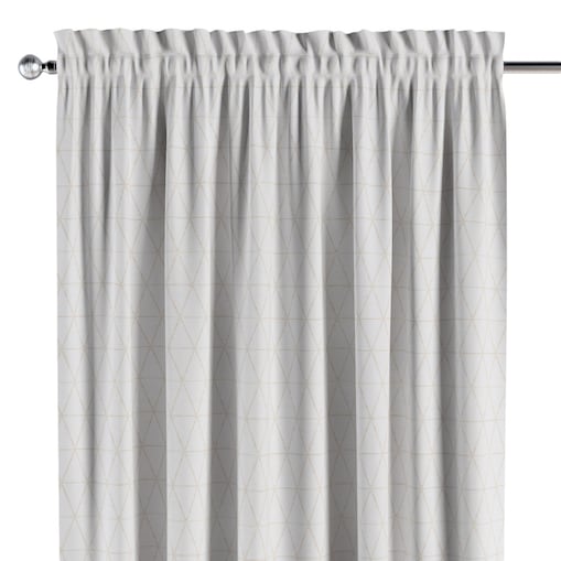 Zasłona na kanale z grzywką 1 szt. 130x245 beżowe trójkąty na kremowo-białym tle