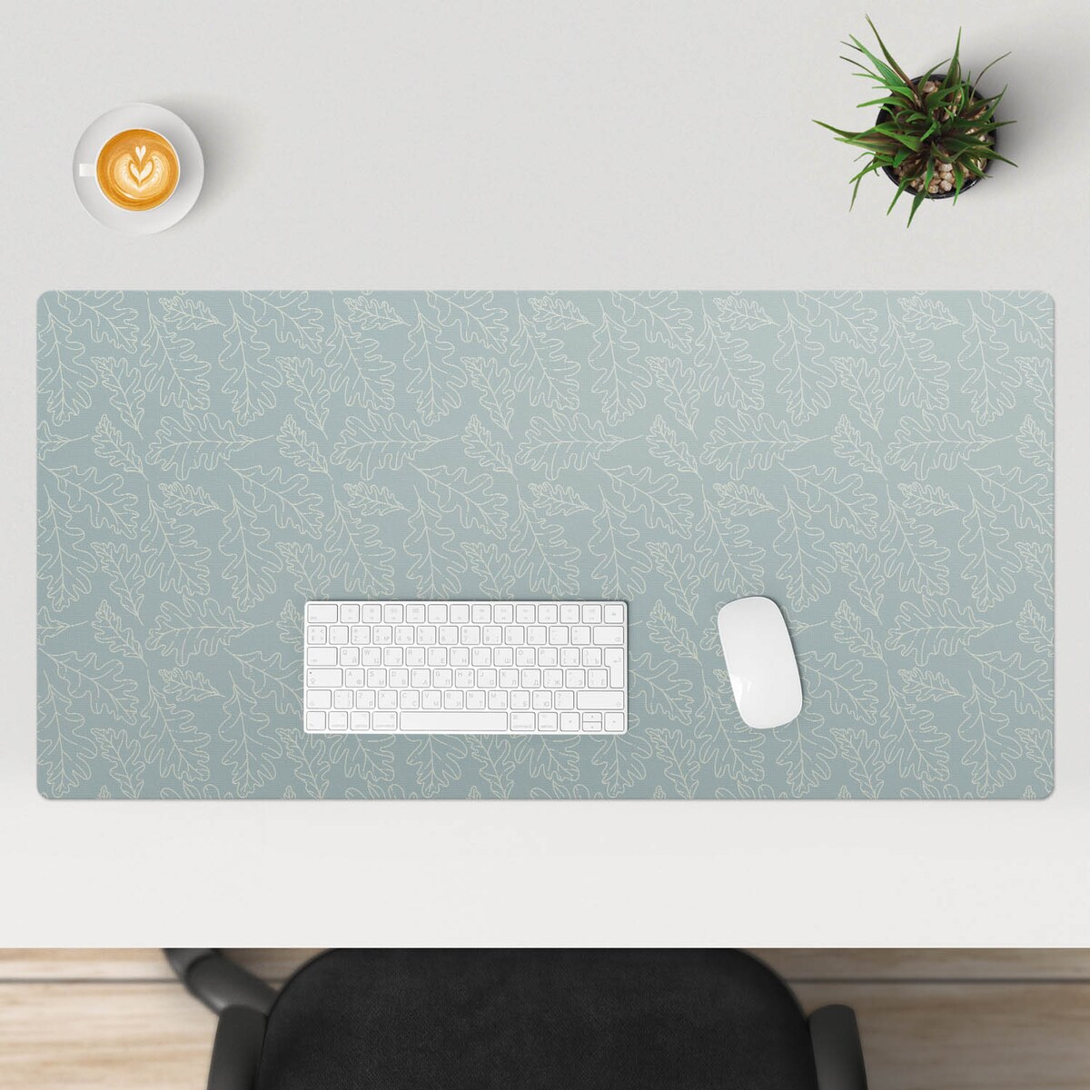 Turkusowa mata na biurko Liście dębu wzór, 100x50 cm