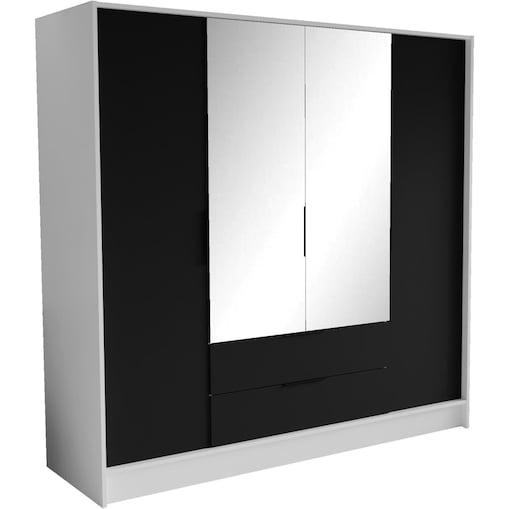 Szafa NIKOLA 200 z lustrem i regulowanymi półkami -biała+czarny front