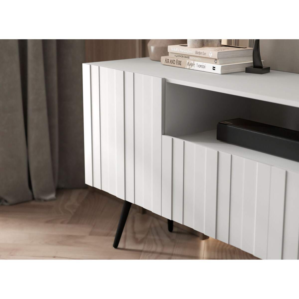 Szafka RTV Glamour Nowoczesna Komoda RTV Ryflowane Fronty Loft Biały Mat 300 cm