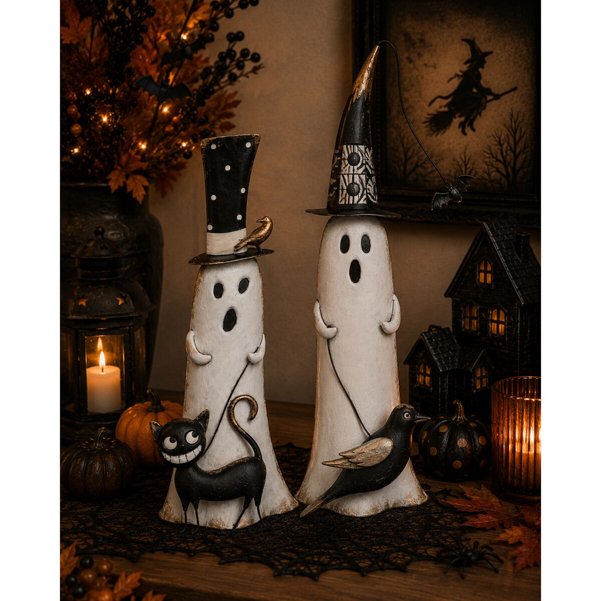 Dekoracja Halloween - Figurka metalowa biały duch 59x17x10 cm MULTO z ptaszkiem