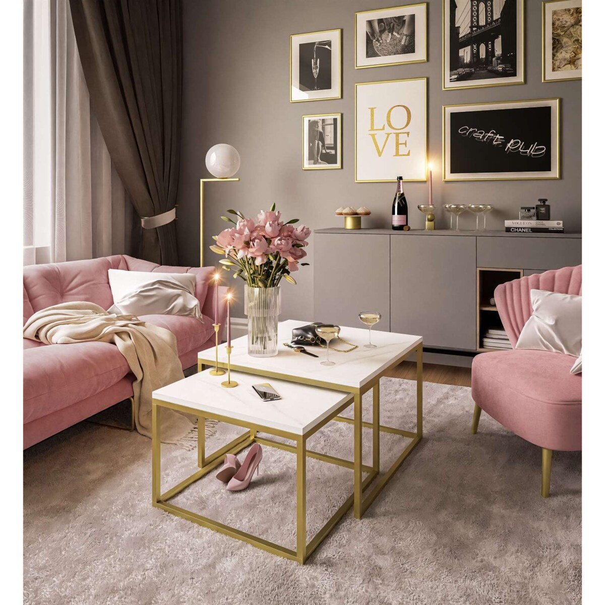 Stolik kawowy ława YOSHI 2w1 złoty mat marmur levanto