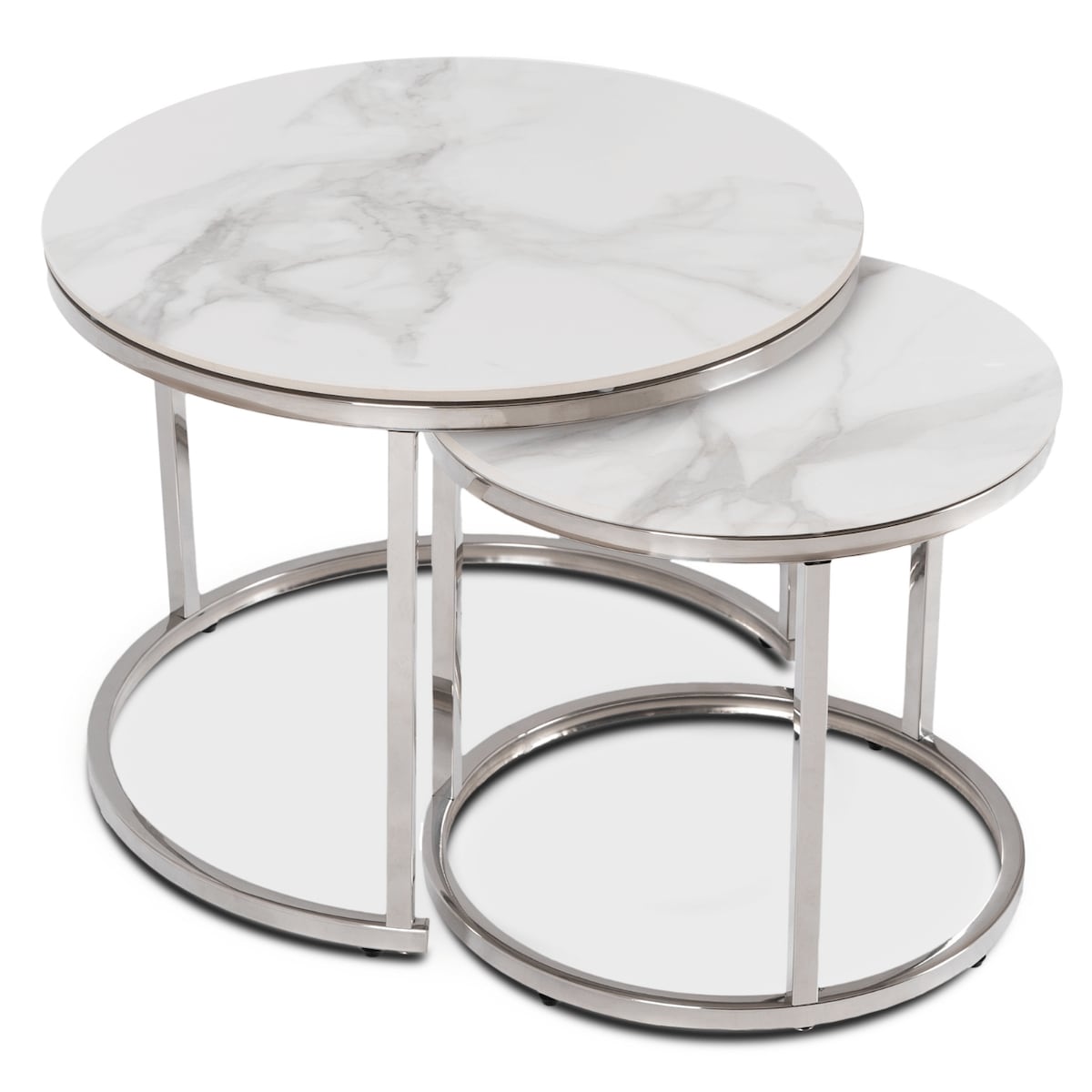 Stolik Kawowy Okrągły Zestaw 2w1 Ława Glamour Marmur Biały Srebrny AMARA