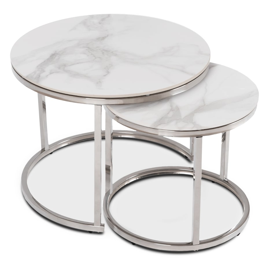 Stolik Kawowy Okrągły Zestaw 2w1 Ława Glamour Marmur Biały Srebrny AMARA